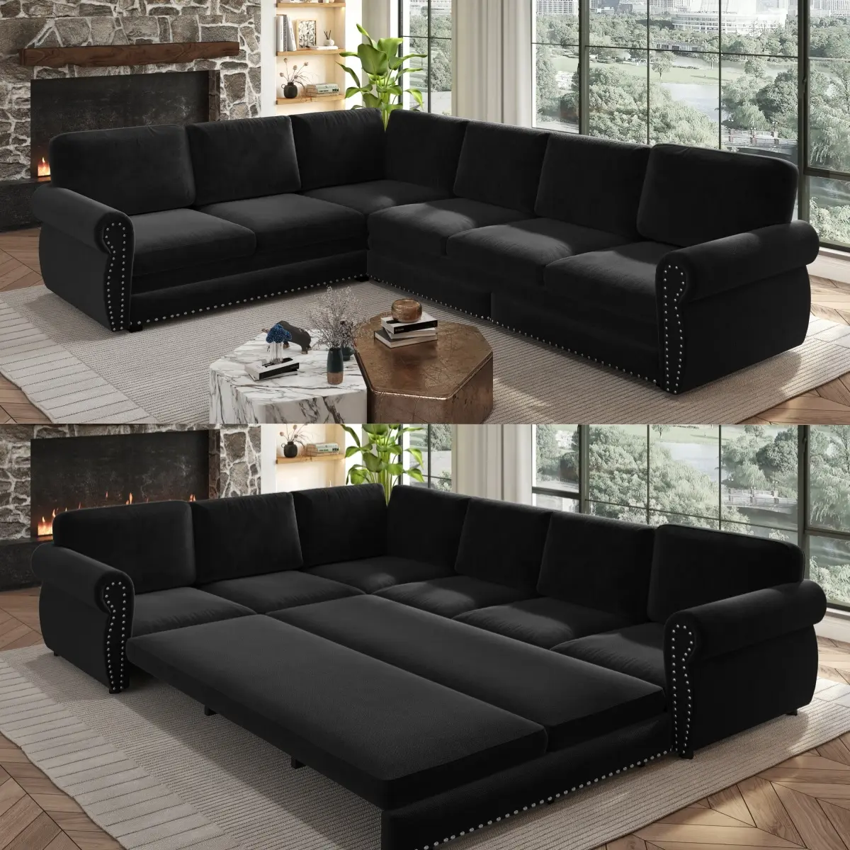 118" L-Shaped Pull-Out Sleeper Sectional – Oversized Chenille Sofa Bed with Nailhead Trim & Rolled Arms, Convertible Couch with Hidden Bed, Black, Ideal for Living Room & Guest Room
