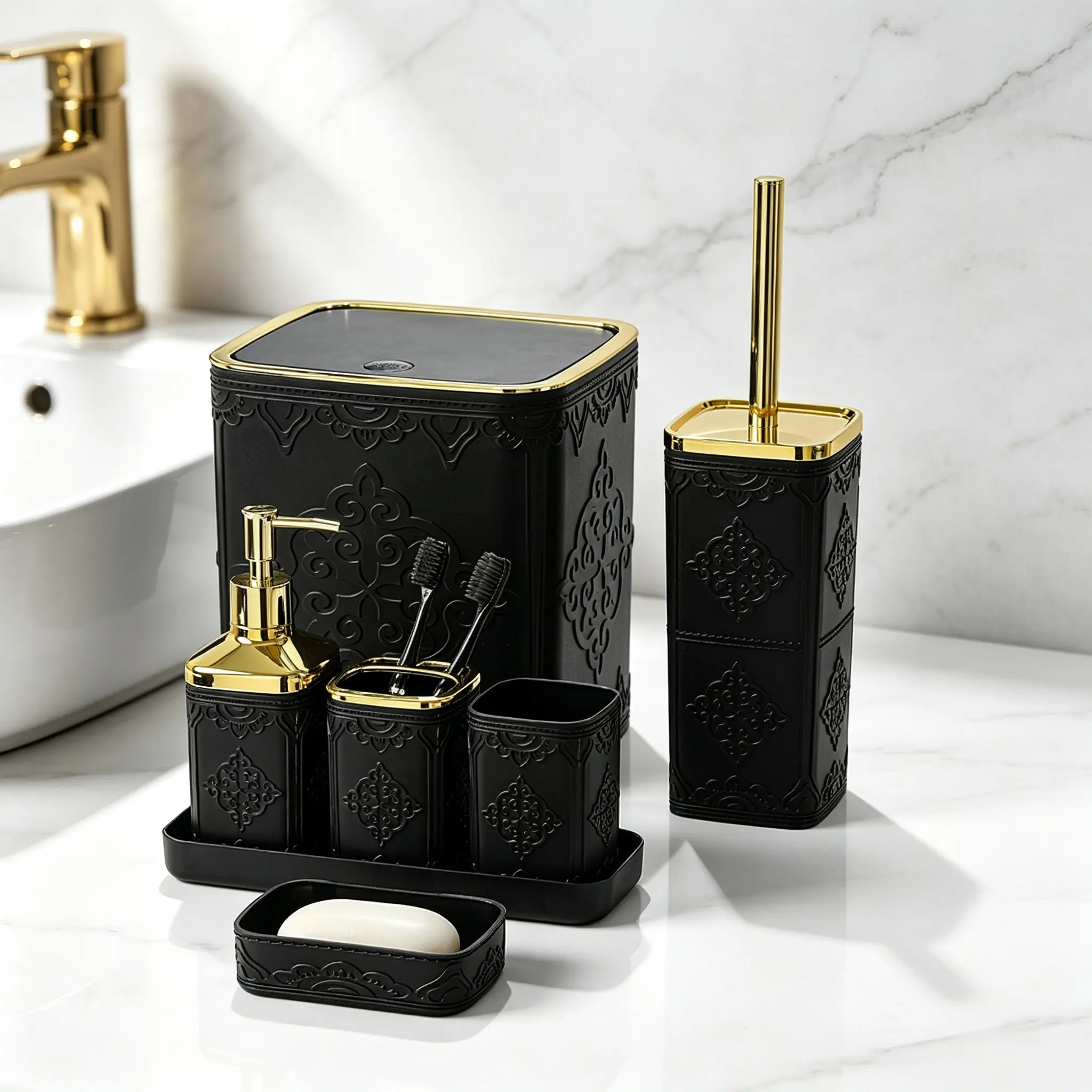 Gold Bathroom Accessories Set, 7-Piece Luxury Embossed Bath Storage Kit, Includes Trash Can, Toilet Brush, Soap Dispenser, Toothbrush Holder