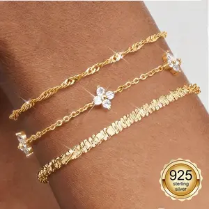 3 Piece 14K Gold Plated Bracelet Set for Women, Layered Silver Tone Link Chain and Zirconia Bead Jewelry for Daily Stacking