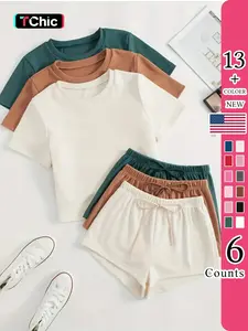 Women's Classic All-Season Nightwear Pajama Set, Comfortable Round Neck Fitted Short Sleeve Top & Elastic Shorts, Casual Home Wear Loungewear