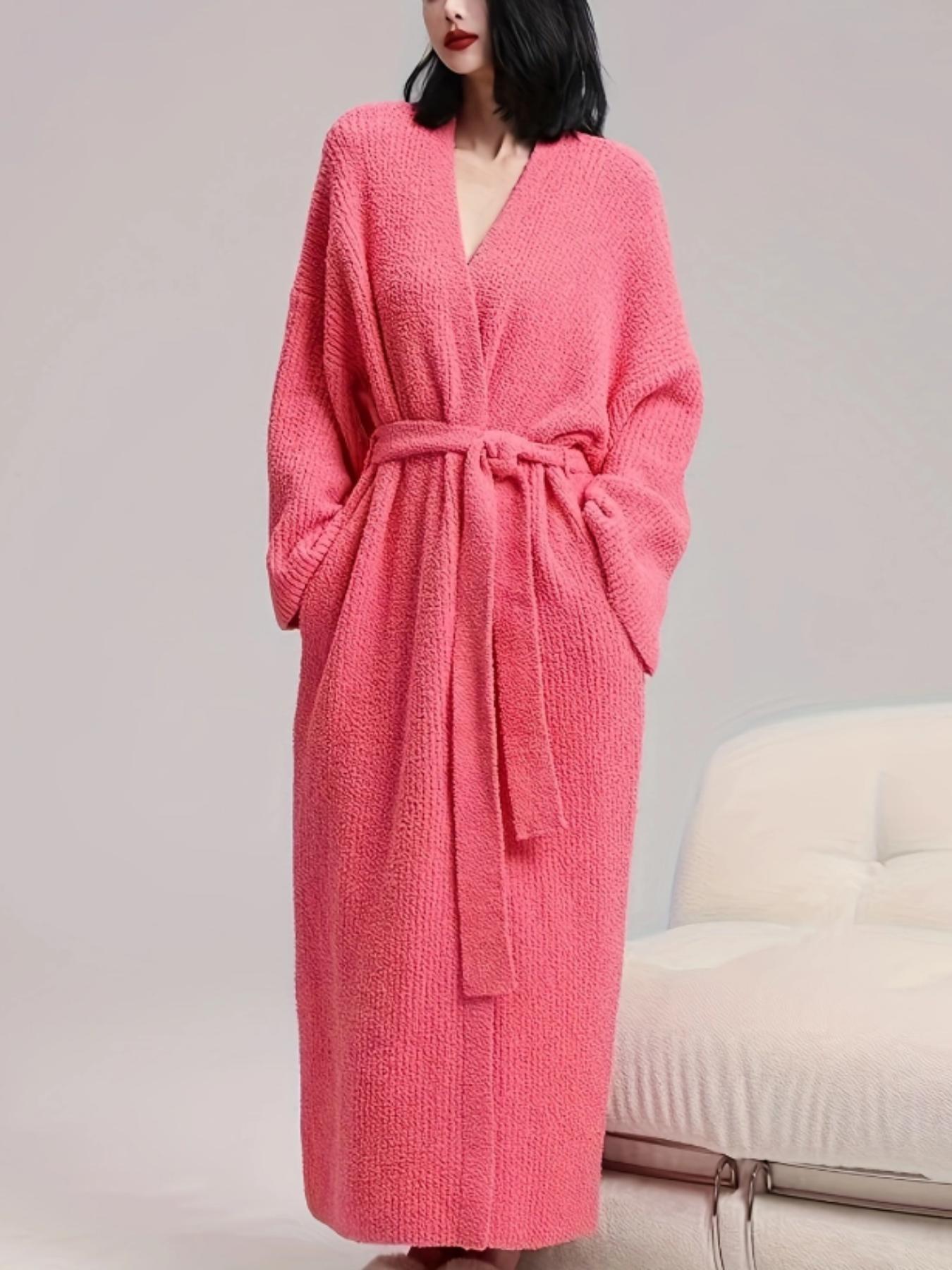 【COZY Soft Plush Feel】Women's Solid Color Thickened  Thermal Lined Long Sleeve Drop Shoulder Bathrobe, Loose Casual Soft Comfortable Thermal Warm Pocket Belted V Neck Dressing Gown for Women, Ladies Sleepwear for Winter