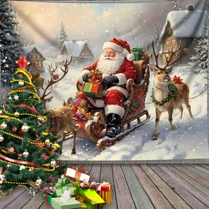 Santa Claus Carriage Christmas Tapestry Wall Hanging, Festive Holiday Backdrop for Living Room Office Decor, Live Streaming Background
