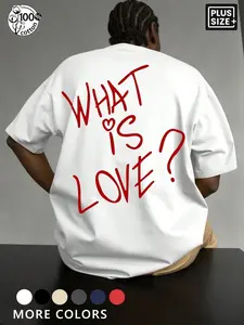 Men's Plus Size 100% Cotton "What Is Love?" Slogan Graphic Oversized T-Shirt, Minimal Casual Y2K Streetwear Short Sleeve Crew Neck Tee for Summer Daily Wear, Menswear Minimalist