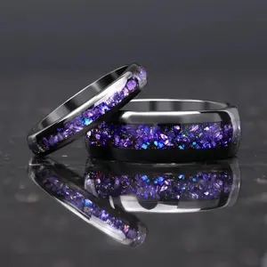 Mens Tungsten Carbide Ring Amethyst Inlay Black Wedding Band Engagement Promise Jewelry Gift 8MM Width Durable For Men DailyWear