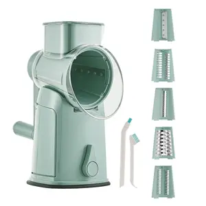 5-in-1 Rotary Cheese Grater & Vegetable Chopper with Suction Base, 10 Stainless Blades & Safety Handle - for Cheese, Vegetables, Fruits & Shredding Chicken