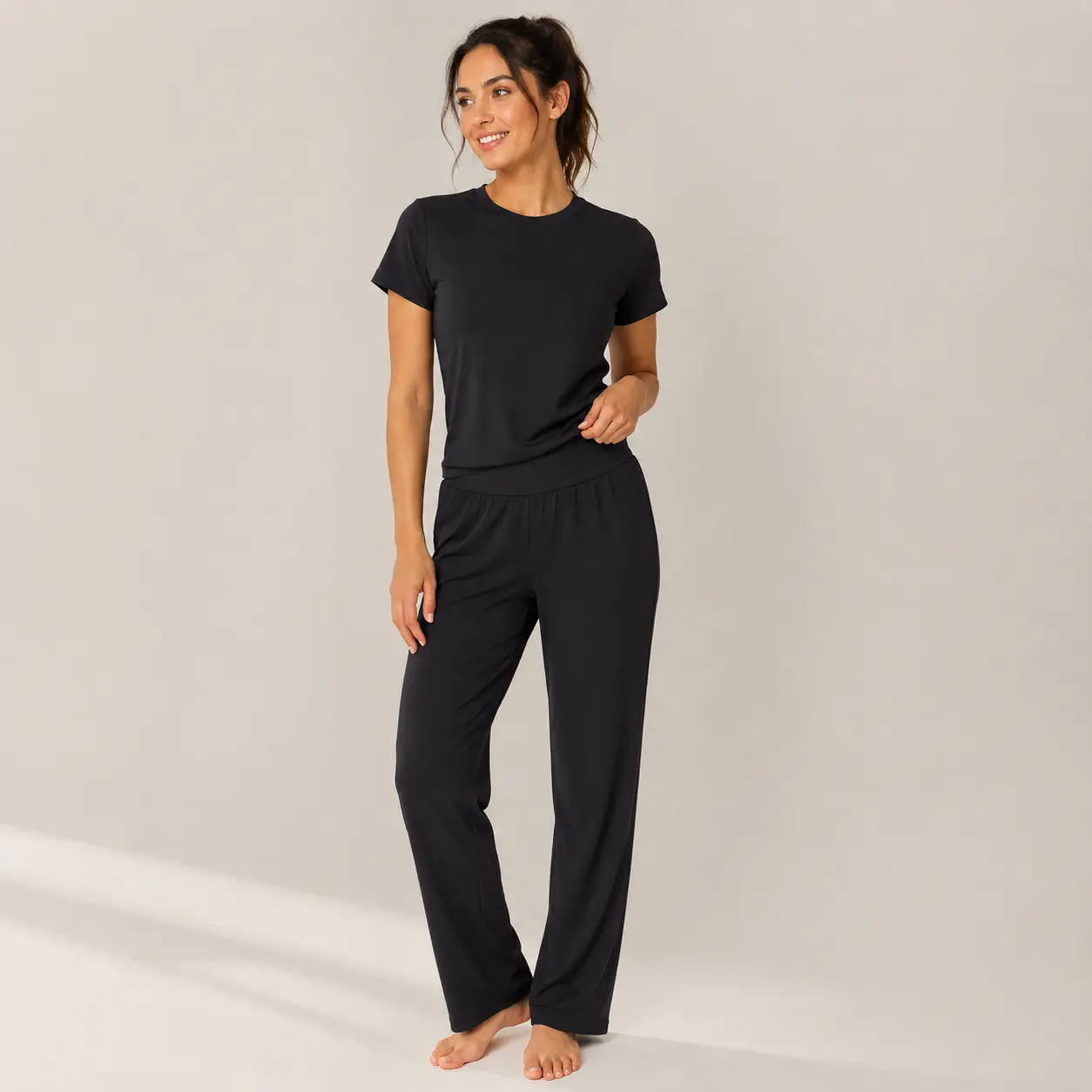 Women Dusty Pink 2 Piece Loungewear Matching Set, Crew Neck Short Sleeve Curved Hem T-Shirt + High Waist Elastic Pleated Wide Leg Pants With Side Pockets Soft Stretchy Knit Casual Daily Outfit