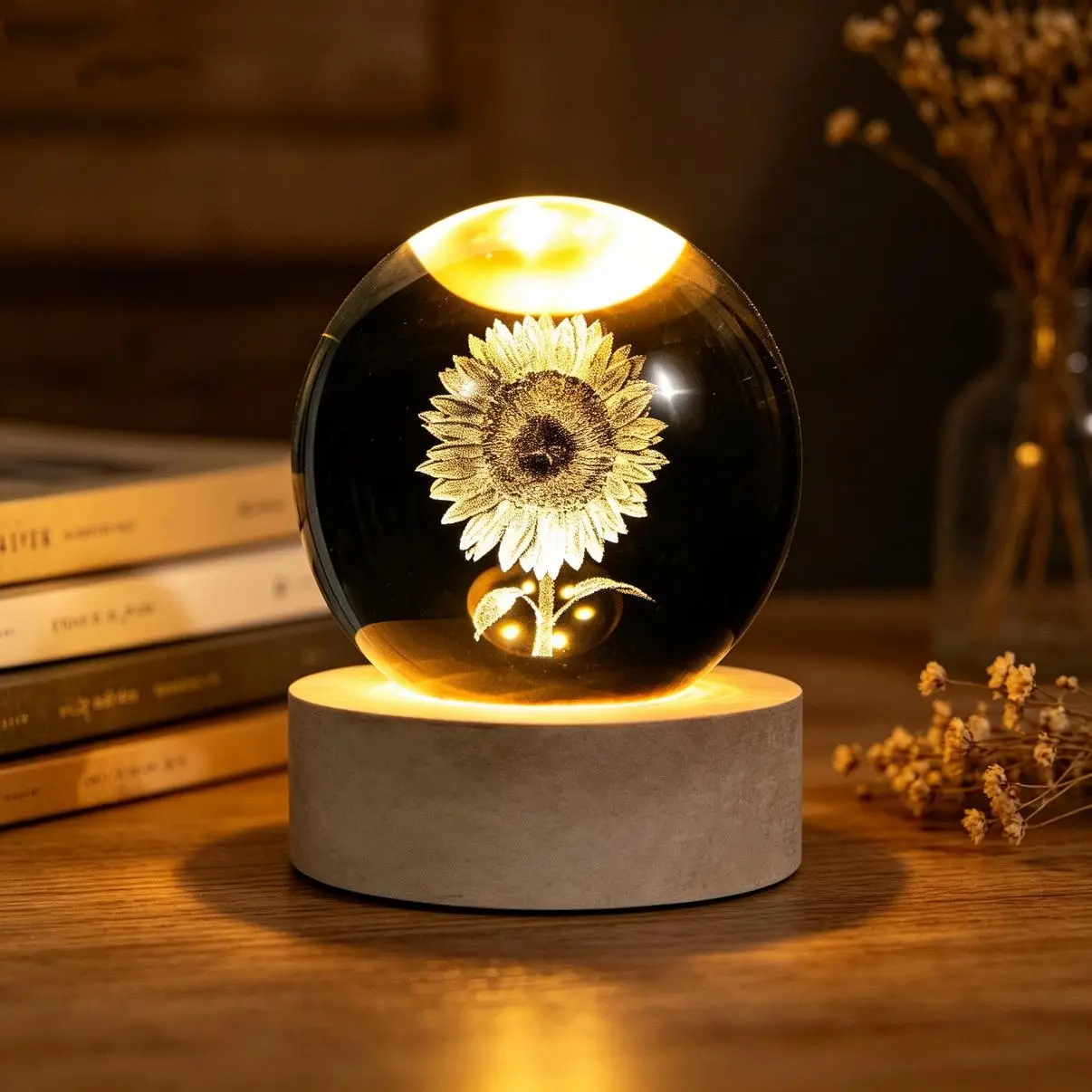 LED Night Light Crystal Ball, 3D Laser Etched Sunflower Lamp with Wooden Base, Unique Decor Gift for Mom for Thanksgiving, Led Lamp, Valentines Day, Portable Charger, Led Decoration, Decorative Lamps