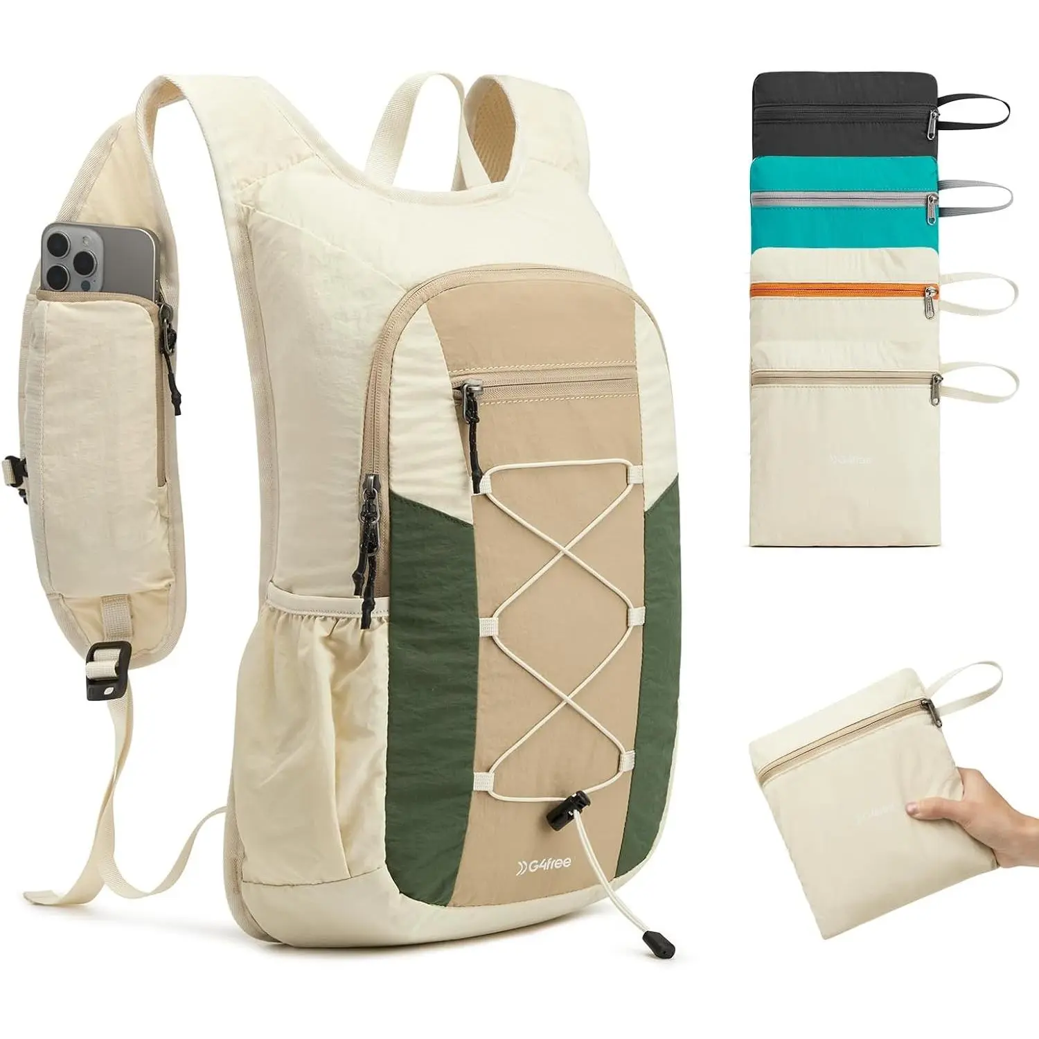 20L Hiking Backpack Lightweight Daypack with Phone Pocket Small Packable Foldable Hiking Bag for Women Men, Green+BeigeGift.