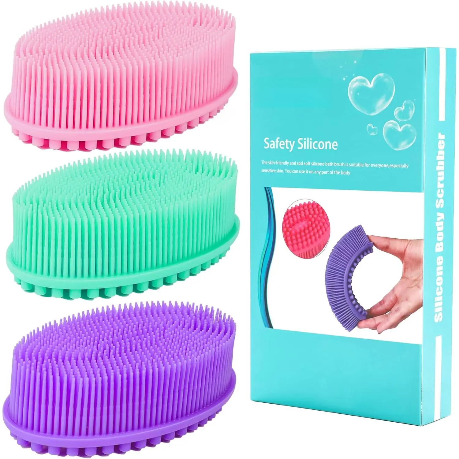 Silicone Body Scrubber Loofah - Set of 3 Soft Exfoliating Body Bath Shower Scrubber Loofah Brush for Sensitive Kids Women Men All Kinds of Skin