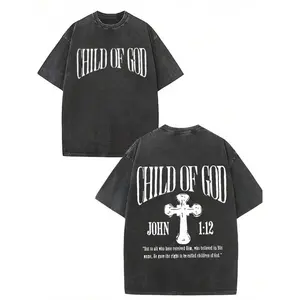 GLEC Child Of God, God Blesses You.Classic Retro Fashion Street Cross Jesus Popular Letter Pattern Print Boutique 230g Washed Cotton T-Shirt, Men's S
