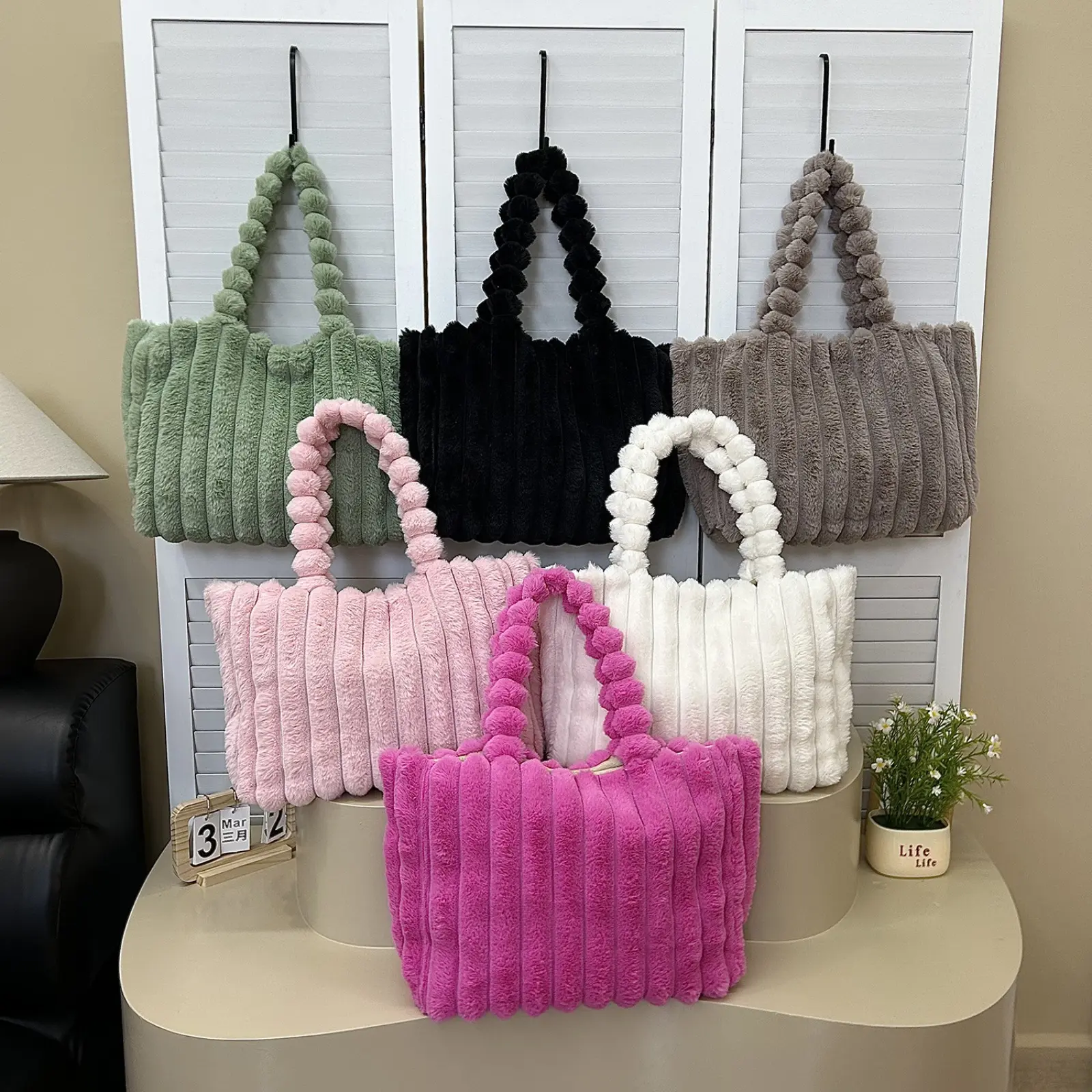 Black Vertical Striped Faux Fur Tote Bag, Winter Fluffy Pom Pom Handle Trend Women Shoulder Handbag, Soft Plush Large Capacity Casual Carry Bag, Lightweight Warm Shopping Bag for Daily Commute Date Travel Outdoor Street Outfit