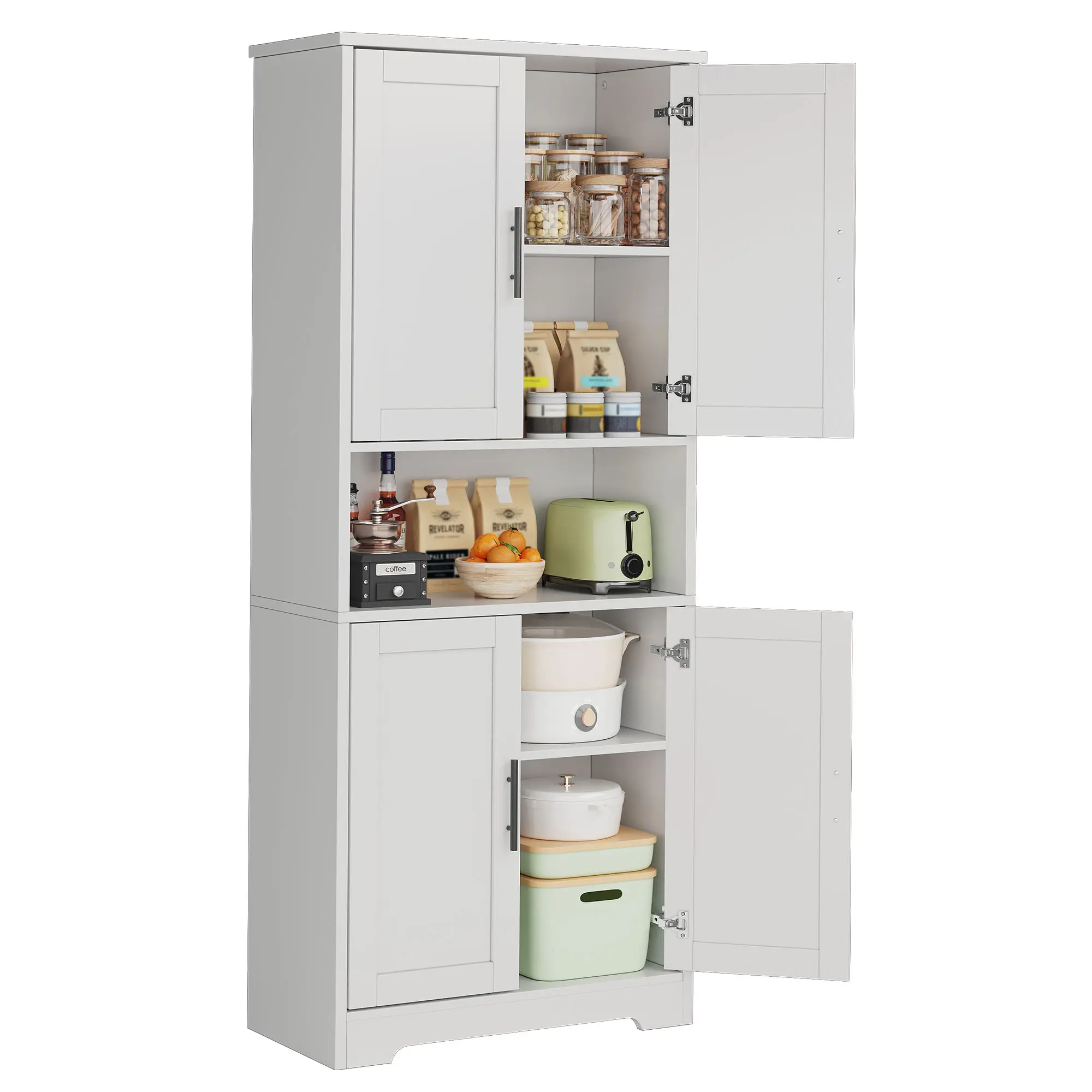 70-Inch Full Height Modern Farm Style Wood Freestanding Kitchen Pantry Cabinet - Sturdy Chipboard 4-Door Utility Storage Cupboard with 5-Tier Adjustable Shelves, Multi-Level Compartments, Moveable for Dining Room, Garage, Full Height Tall Cupboards