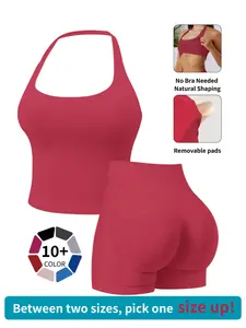 Women's Solid Color Halter Top High Waist Shorts Set, Breathable Quick-Dry Sports, Ideal for Summer Fitness, Running, Gym Training