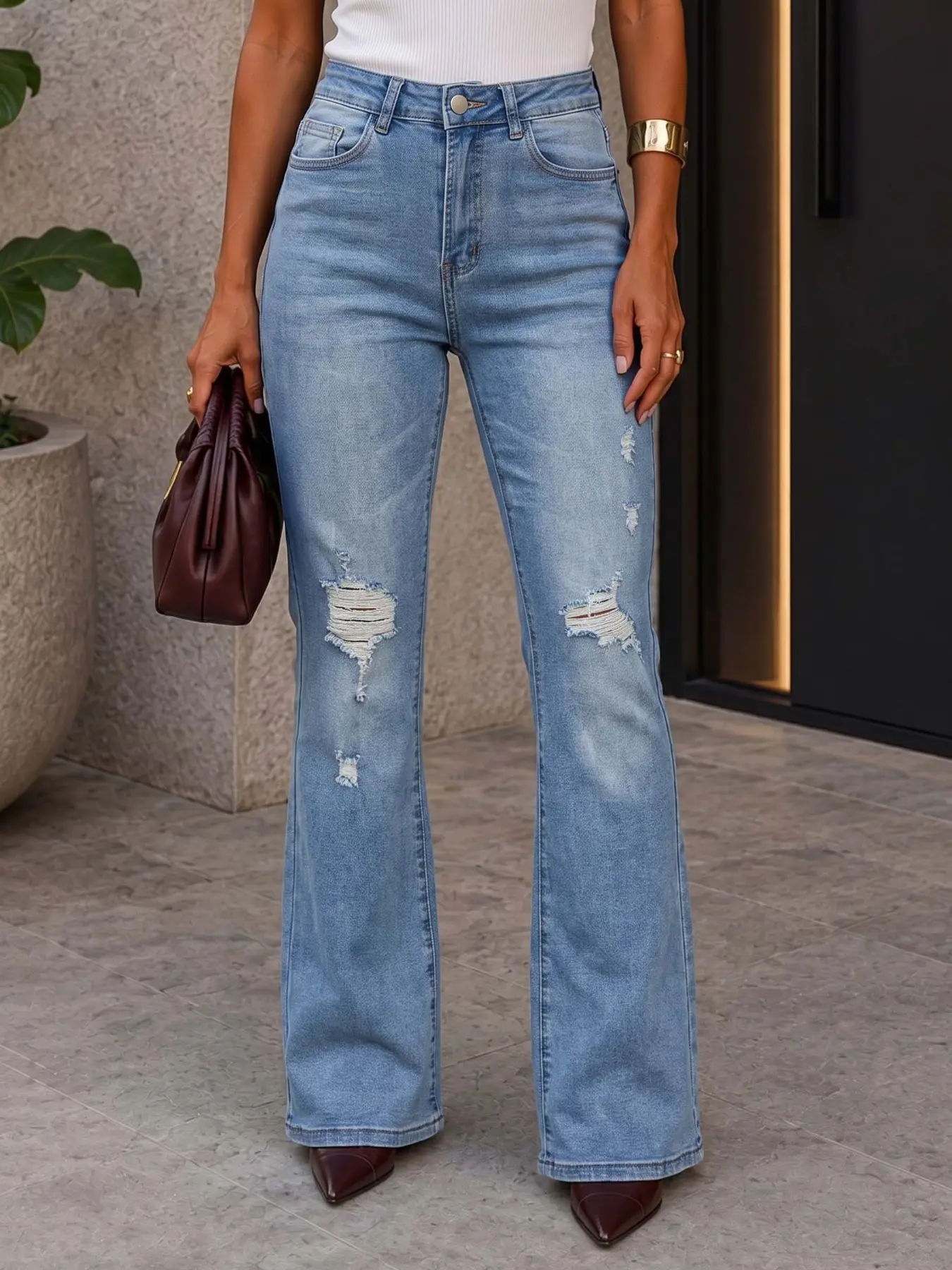 Women's Mid-Waist Ripped Micro Flare Jeans, Vintage Light Blue Washed Wide Leg Denim Jeans, Y2K Streetwear Slim Long Pants Bottoms
