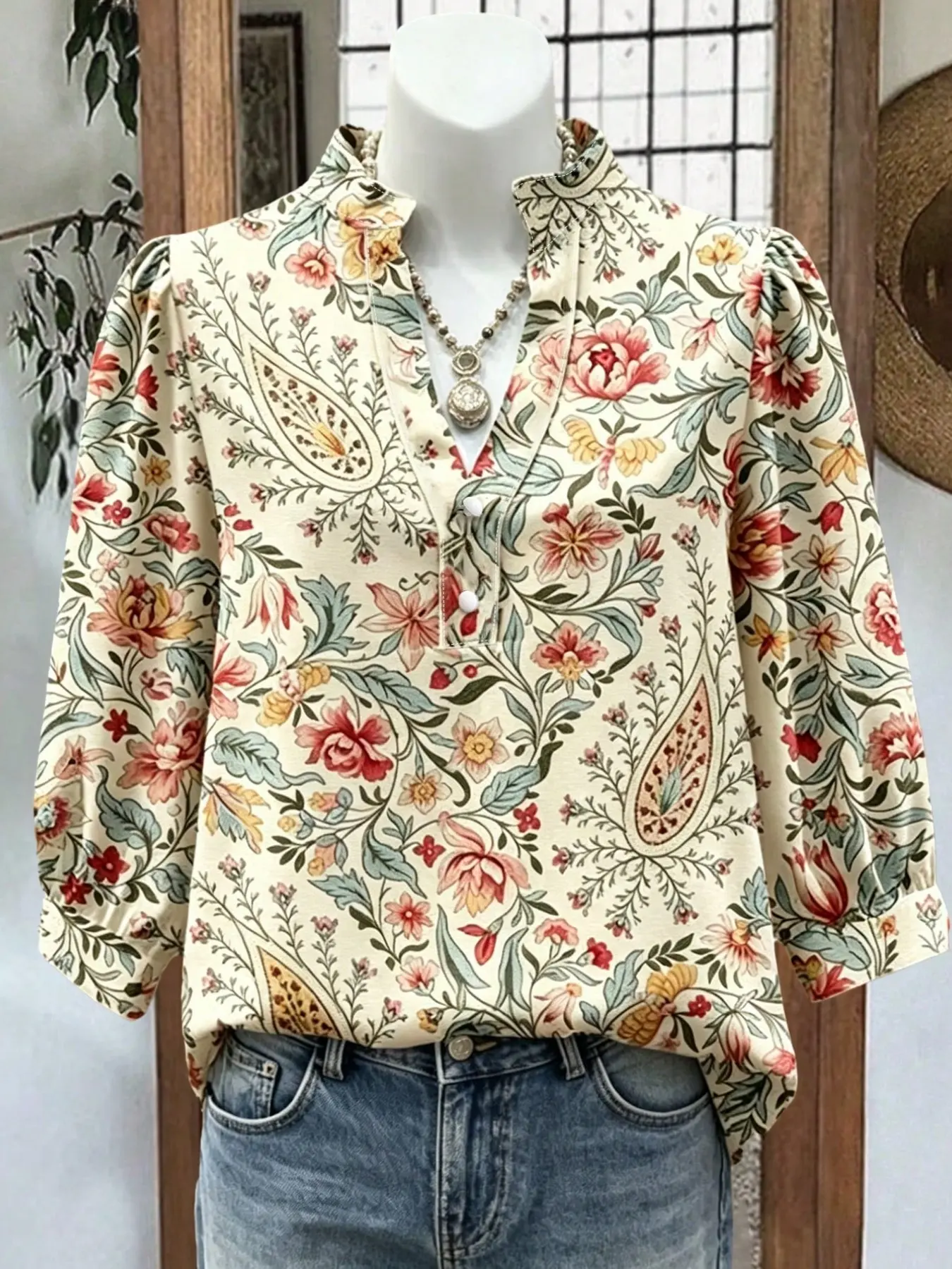 Women's Spring/summer French Retro-Style Boho Loose Paisley Floral Shirt, Stand-Up Collar, Three-Quarter Sleeves, Elegant and Stylish Top, Boho Loose Blouse