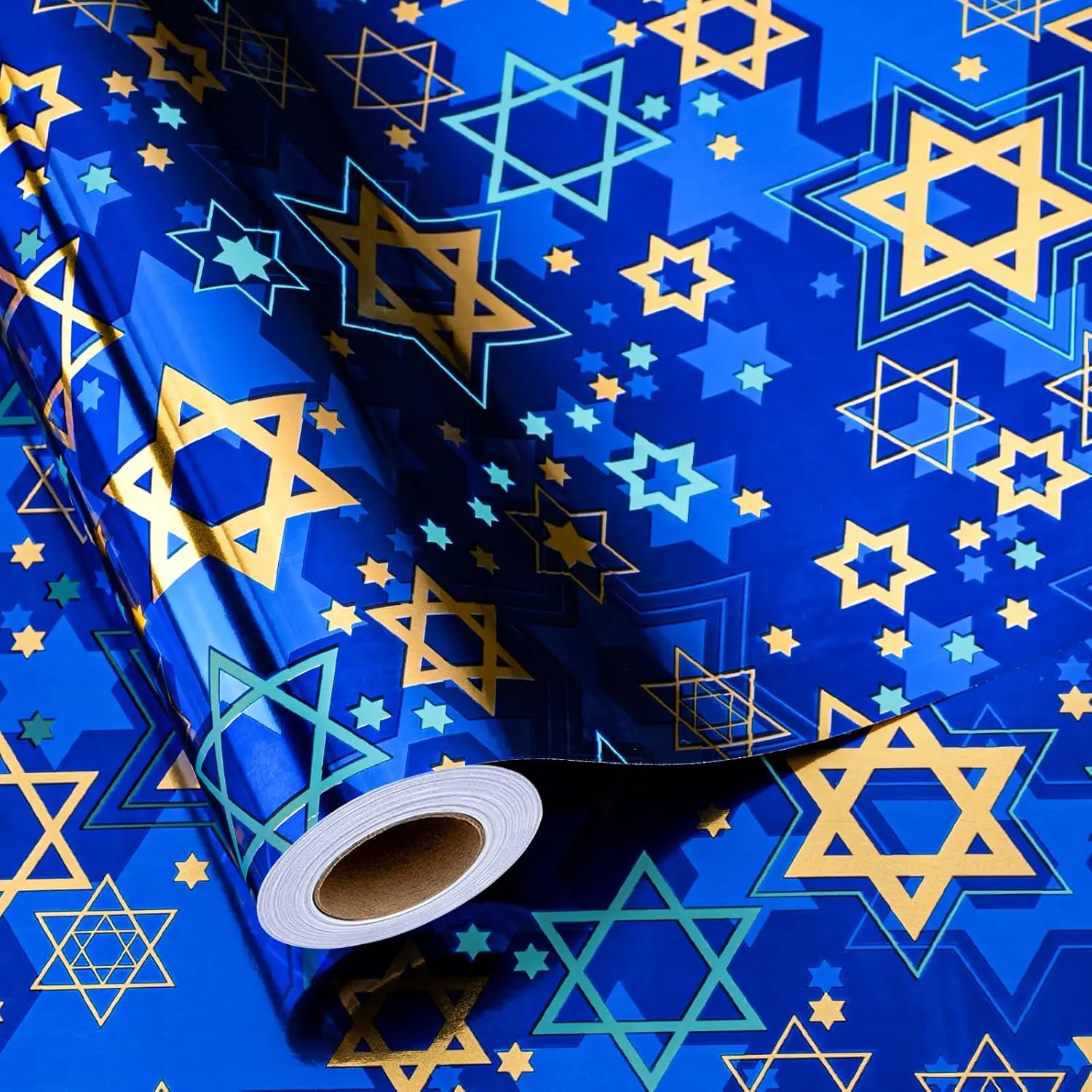 Hanukkah Wrapping Paper Roll - 17In * 32.8 Ft - Navy Blue  of David  Wrap Present Paper with Metallic Foil Design for Chanukah Jewish Festival, Christmas, Party, Holiday & DIY Craft