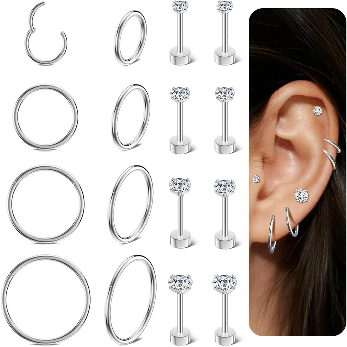8 Pairs   Cartilage Earrings Set, 18G Hoops & 20G CZ Studs | Hinged Hoops(6/8/10/12mm) & Flat  CZ Studs (2/3/4/5mm) for Helix Tragus Lobe Cartilage