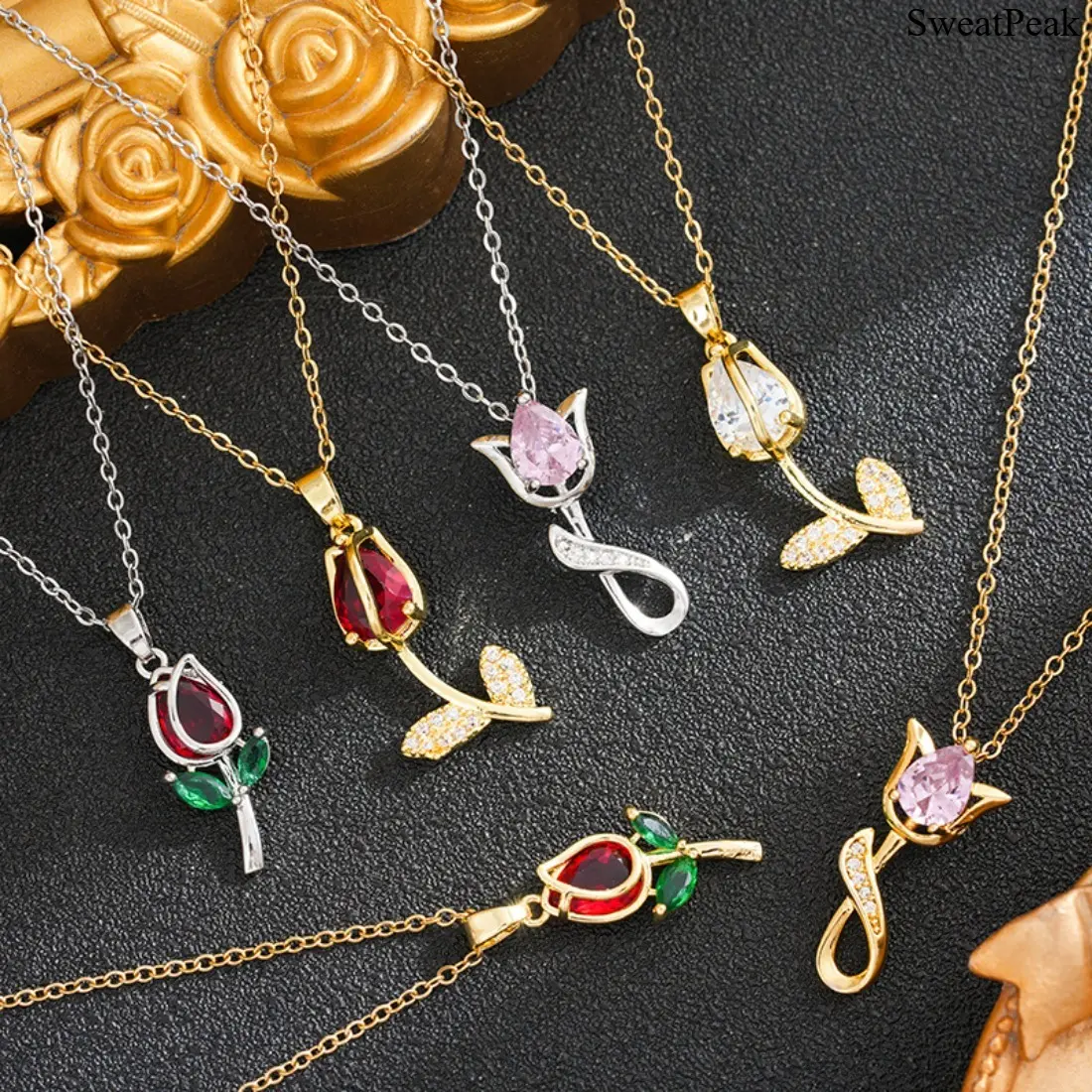 Women's Dainty Size Sparkling Zircon Tulip Floral Shape Necklace - MDF+Steel, Sweet, Fashionable, Versatile, Niche Light Luxury, Ideal for Date-Wedding, Wholesale (Sports & Outdoor Fan Shop Gaming Accessory)