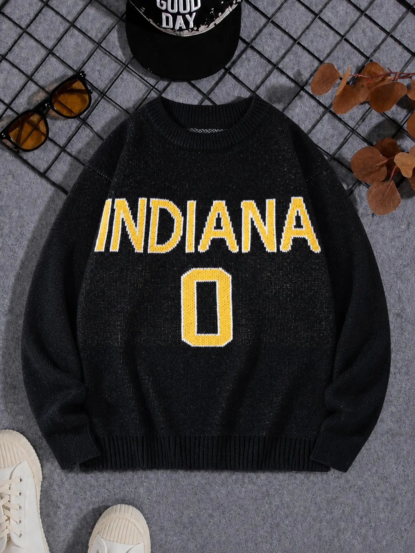 Men's Indiana 0 Sports-Print Crew Neck Knit Jumper, Relaxed Fit Long Sleeve Pullover, Vintage Varsity Style, Casual Autumn Outerwear