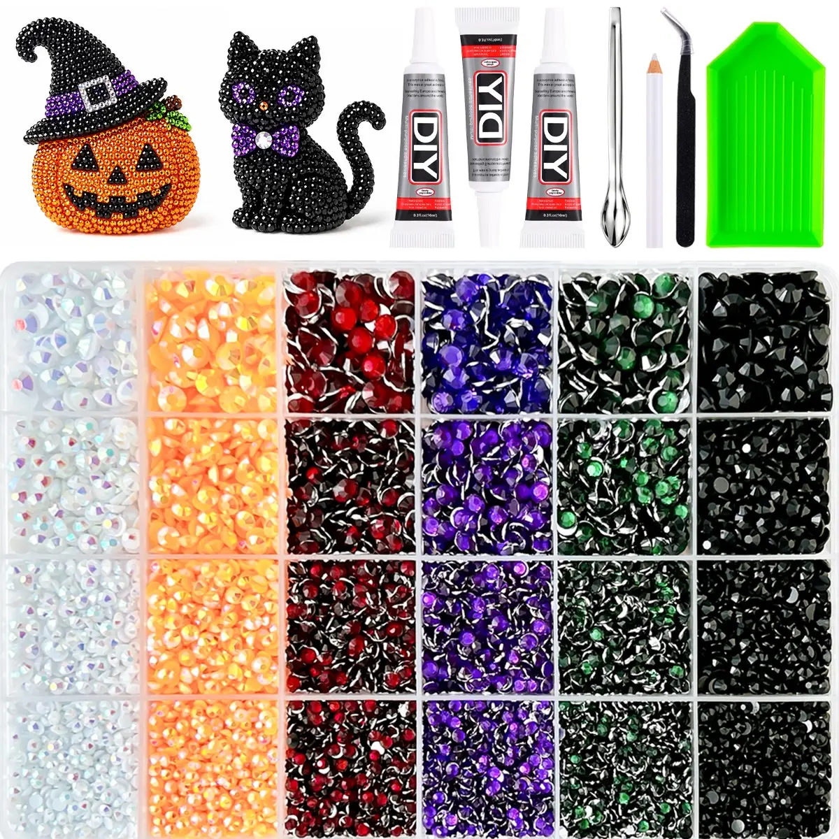 Halloween Flatback Rhinestones Kit, multicolor AB Crystal Rhinestones with Tweezers, Dotting Pencil, Rhinestone Tray, Bling Embellishments for Tumbler, Nail Art, Rhinestone Nail Charms, Halloween DIY Crafts & Ornaments, gift for her, graduation gift