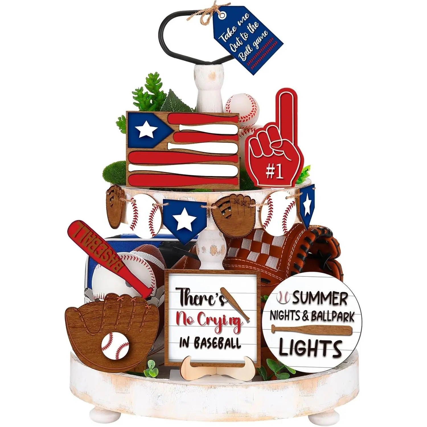 FairySandy 13-Pcs Rustic Wooden Baseball Tiered Tray Decoration Set - Table Decor, Sport Themes Party Supplies, Smooth Table Centerpieces Gift for Fans
