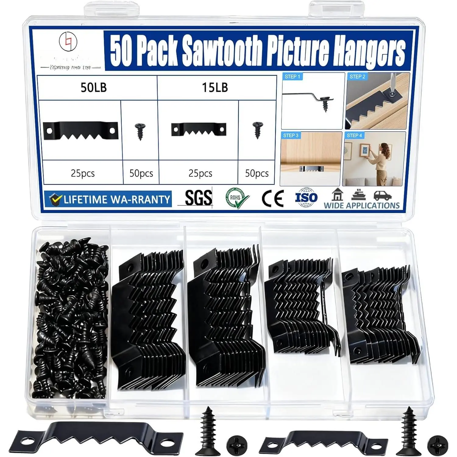 50 Pack Sawtooth Picture Hangers - Small & Heavy-Duty Wall  Kit, 2 Sizes for Photo Frames, Art, Paintings, Canvas Hooks, and Picture  Hardware