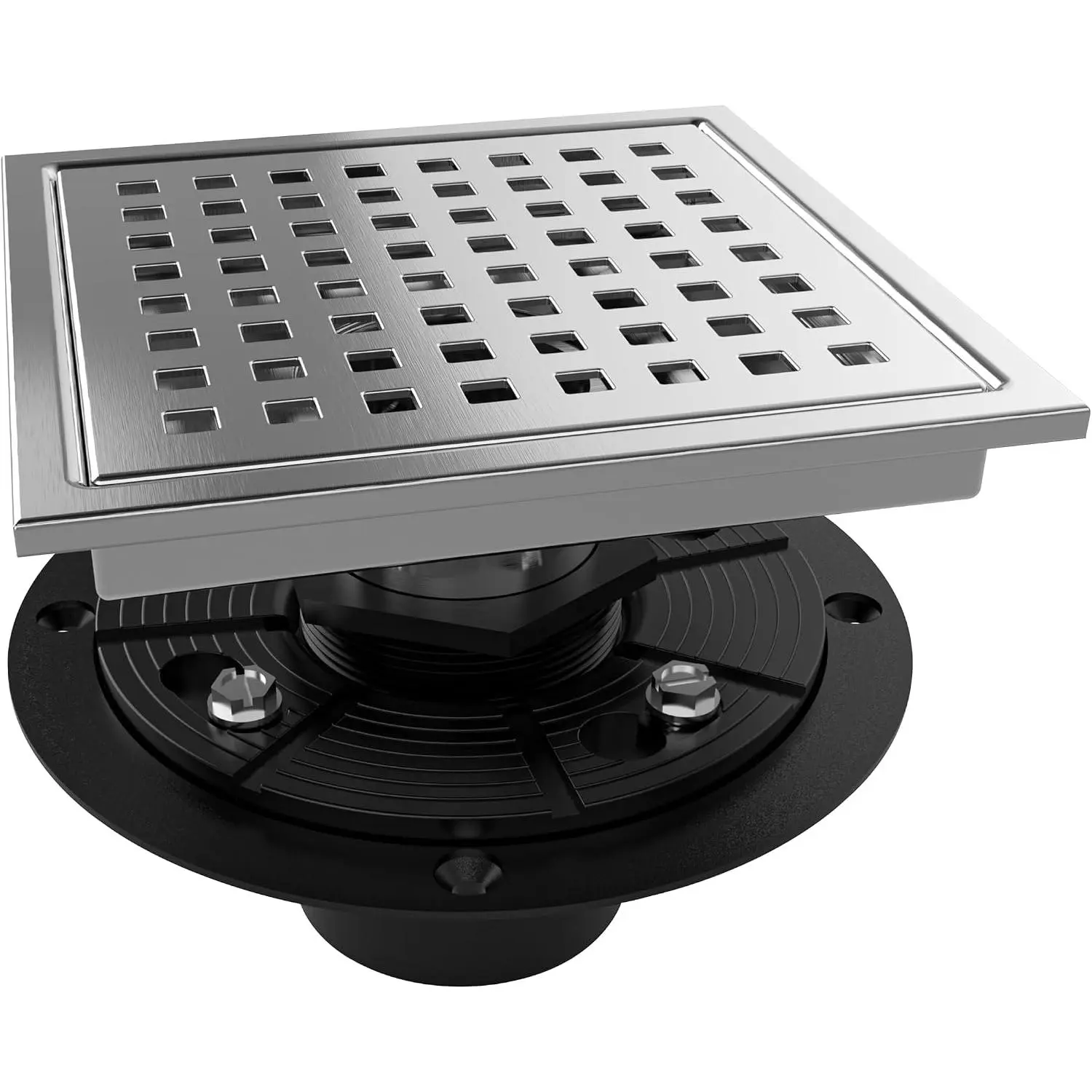 6 Inch Square Shower Floor Drain with Flange,Quadrato  Grate Removable,-Grade SUS 304 Stainless Steel,Watermark&CUPC Certified,Brushed
