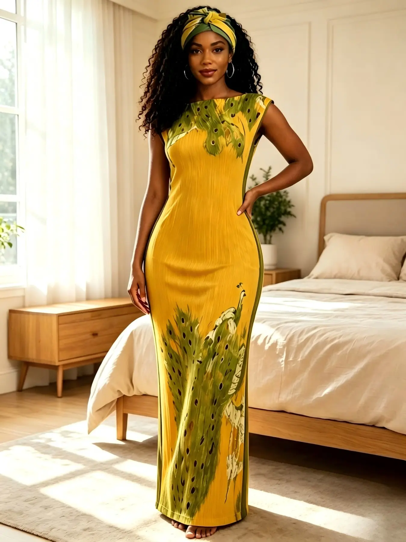 Plus Size Women's Two-Piece Set, Matching Velvet Maxi Dress, Mustard Peacock Feather Print, Side Slit Robe with Headscarf, Elegant Home Wear, Outfit