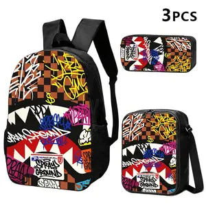 Graffiti Shark Mouth Sprayground Style 3PCS Backpack Set, Durable 600D Oxford Cloth School Bag with Lunch Box & Pencil Case Combo, Adjustable Breathable Strap, Fits 15in Laptop for Kids Teens School Travel Outdoor