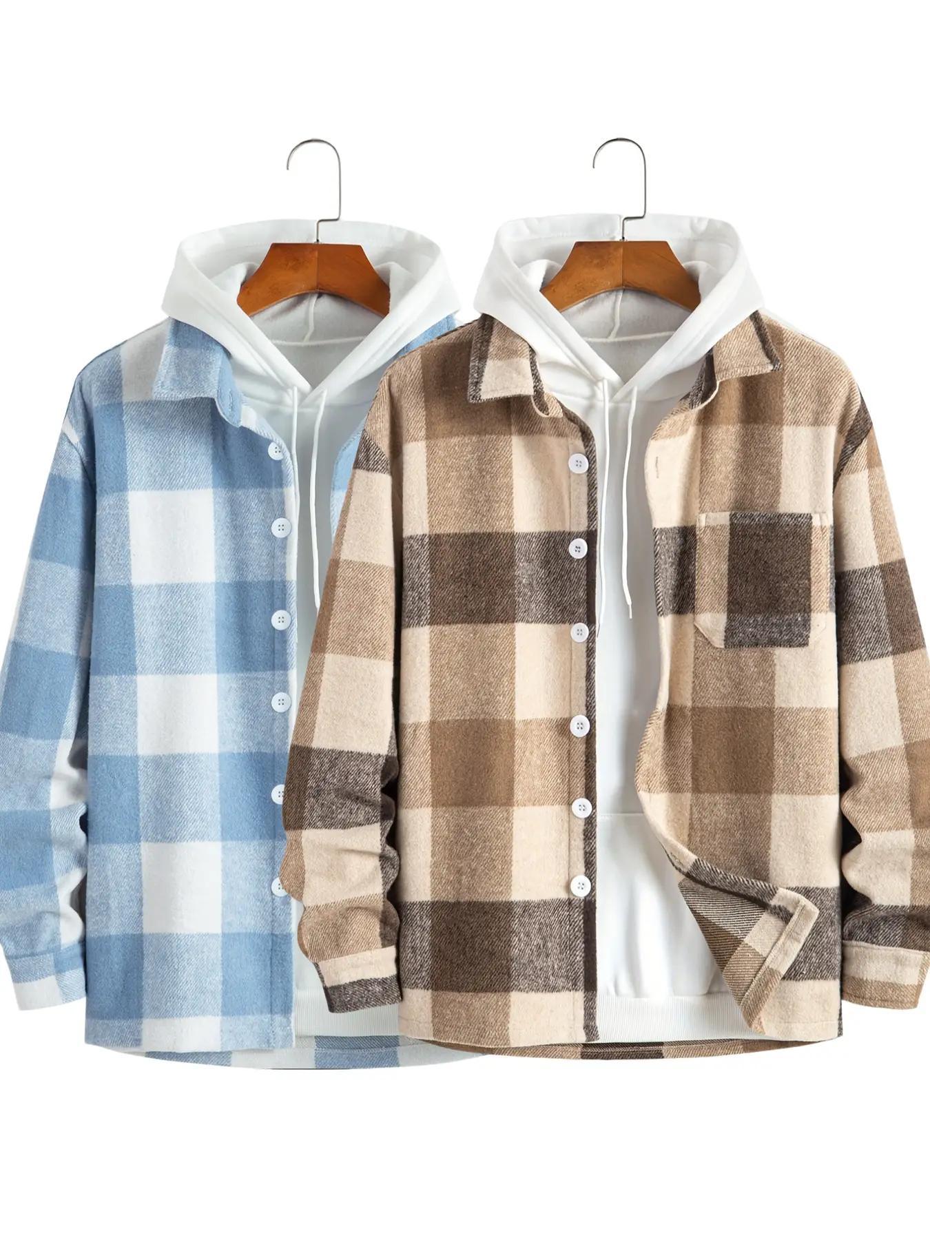 Men's Plaid Print Checked Button Front Collared Jacket without Hoodie, Loose Casual Drop Shoulder Long Sleeve Collar Outerwear for Fall & Winter, Men's Clothes for Daily Wear, Menswear