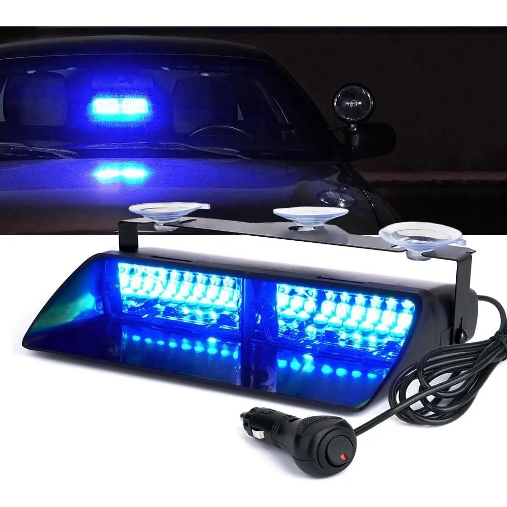 Blue LED Emergency Dash Strobe Light, Interior Windshield Safety Warning Police Lights w/Suction Cups, 12V Windshield Visor Light Bar for Police Law Enforcement Firefighter POV Vehicles Trucks