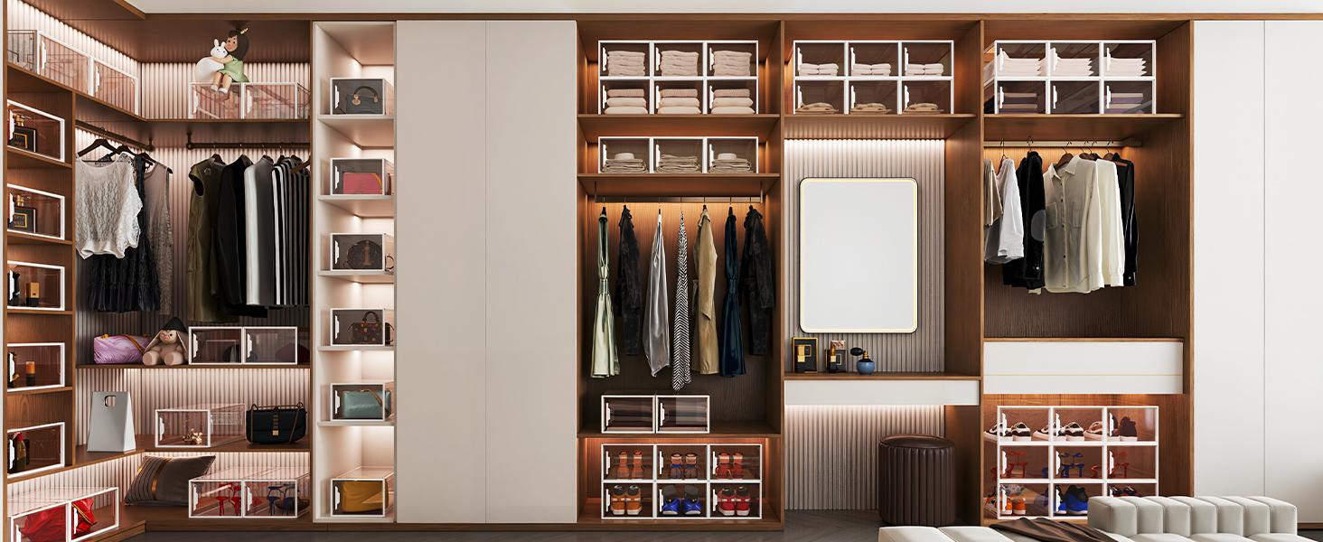 XL Large Stackable Shoe Boxes - Clear Shoe Boxes with Door, Thicken Shoe Organizer for Closet, Saving Foldable Shoe Containers Bins for Sneaker Boot - 6 Pack(White)