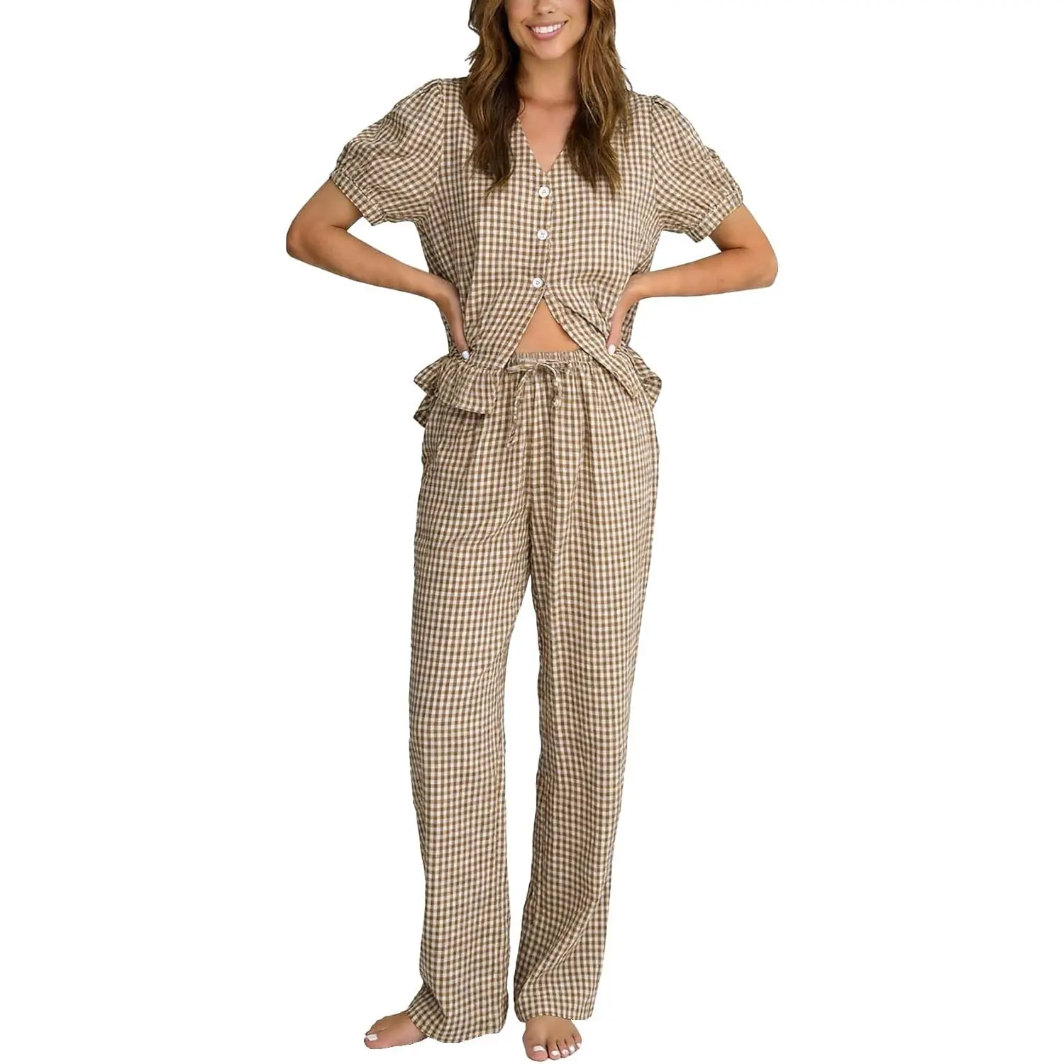 Womens Plaid 2 Piece Pajamas Sets Cotton Gingham Short Sleeve Button Down Ruffled Shirt and Pants Pjs Lounge # pyjama set
