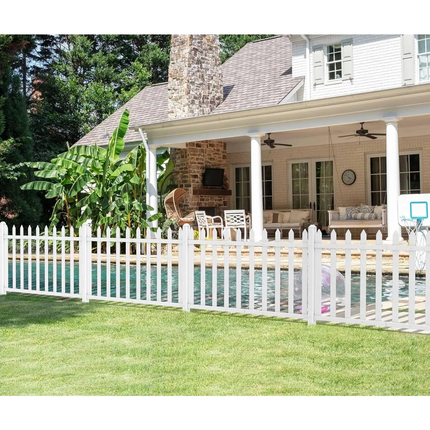 1 Set 84" W x 36" H Vinyl Picket Fence Panels with Ground Spike Decorative PVC Barrier Fencing for Porch Patio Front Door Yard Garden Pool with 20 Pickets (Straight)