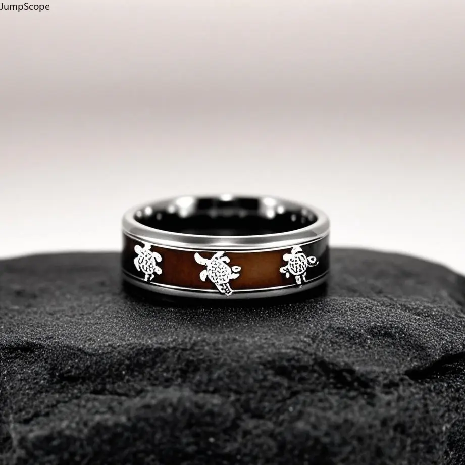 Unisex Beveled Silver Sea Turtle Motif Titanium Steel-MDF Band Ring, Hawaiian Honu Animal Ocean Symbol Comfort Fit Round Ring for Wedding, Beach Daily Leisure Wear, Mdf+Steel