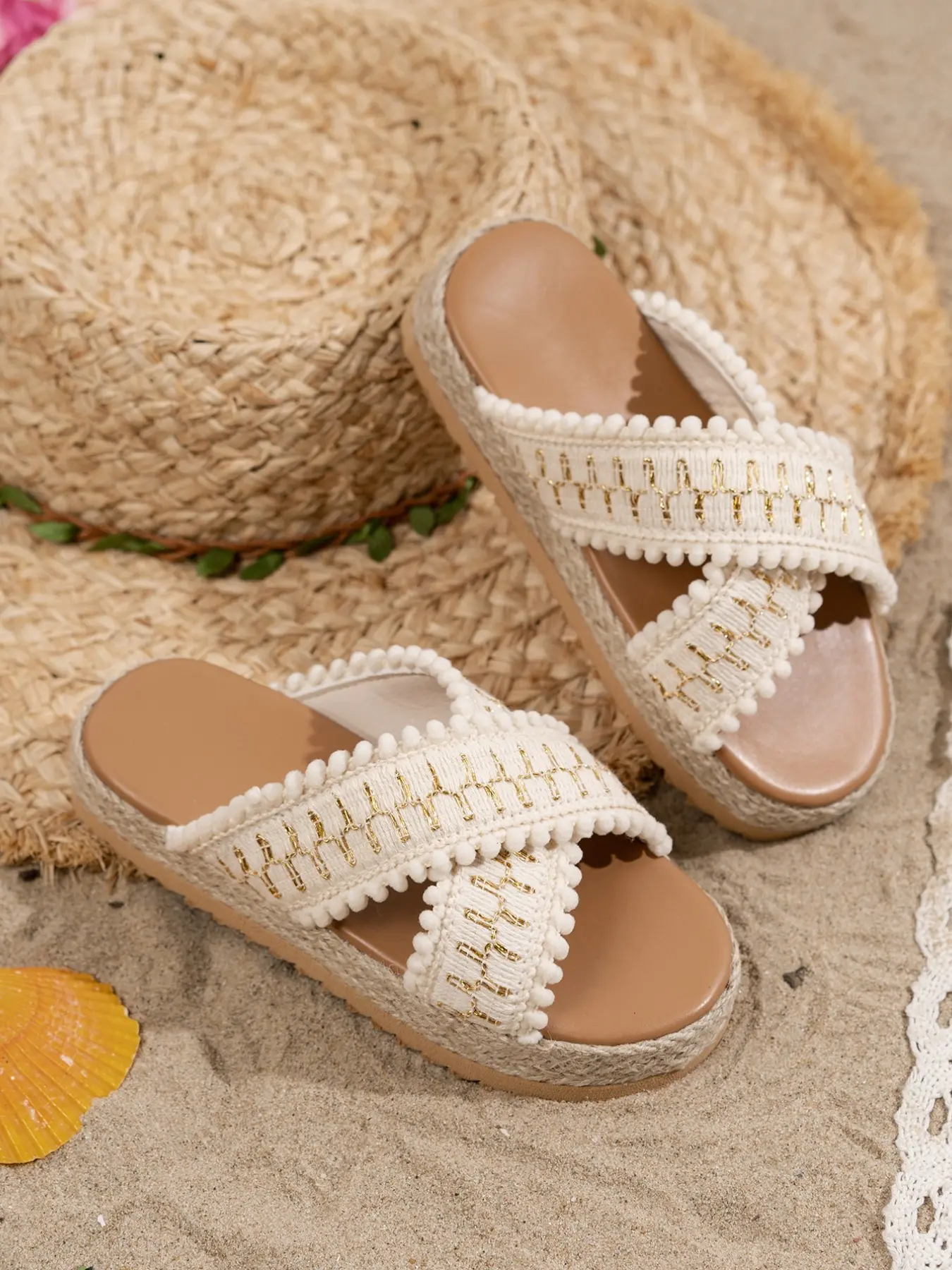 Gold Thread Braided Cross Strap Girls Thick Sole Sandals, Bunting Trim Hemp Grass Platform Anti-Slip Beach Shoes