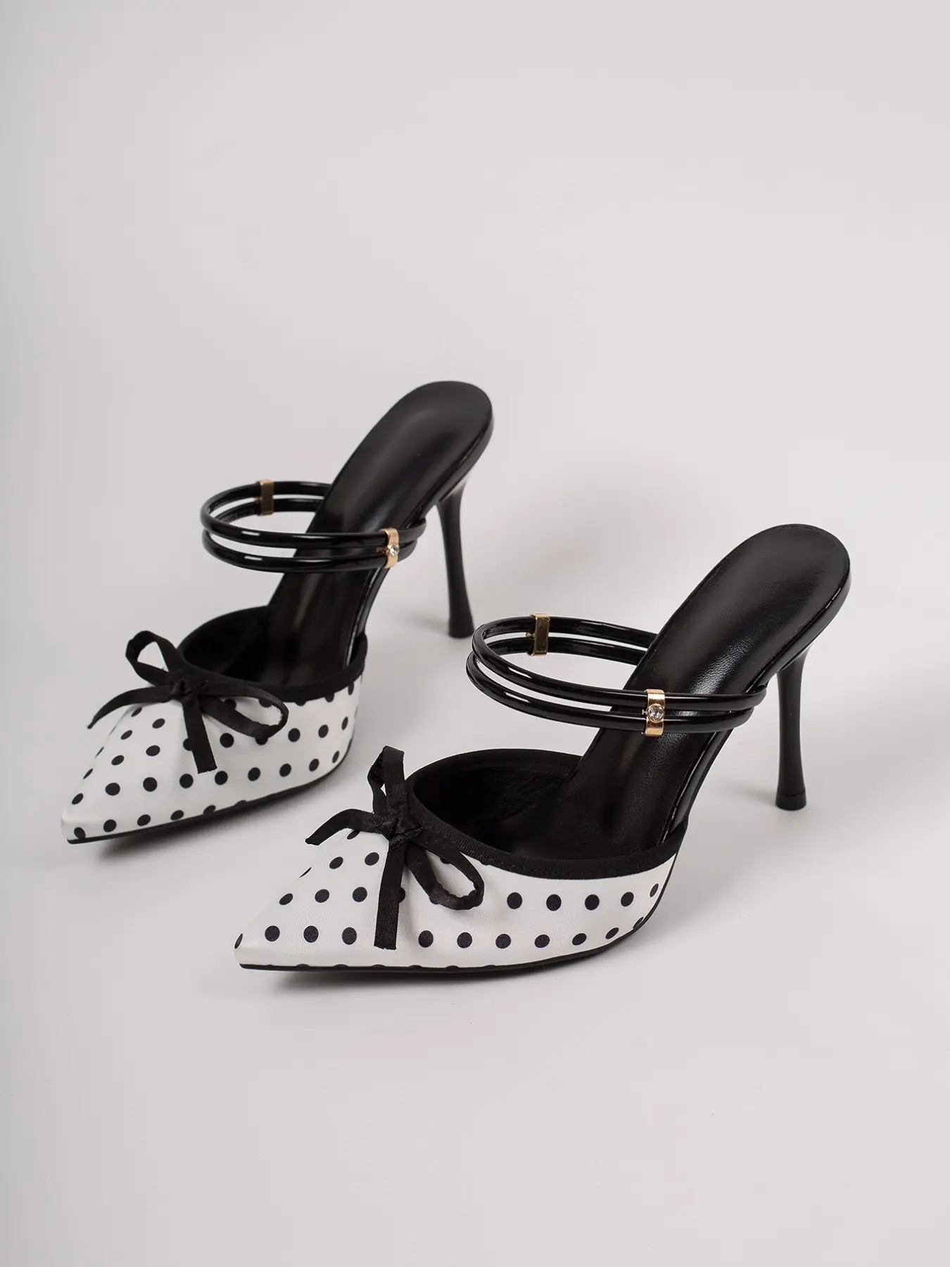 Polka Dot Bowknot Pointed Toe Stiletto Sandals, Elegant PU Leather High Heel Mules, Sexy Party Shoes for Women, Bow Knot Heels