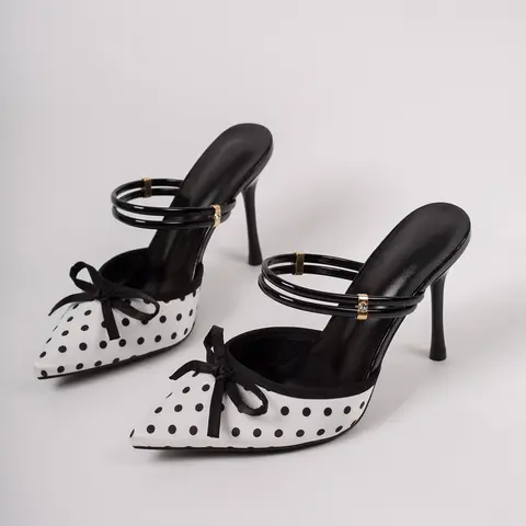 Polka Dot Bowknot Pointed Toe Stiletto Sandals, Elegant PU Leather High Heel Mules, Sexy Party Shoes for Women, Stylish Elegant Sandals