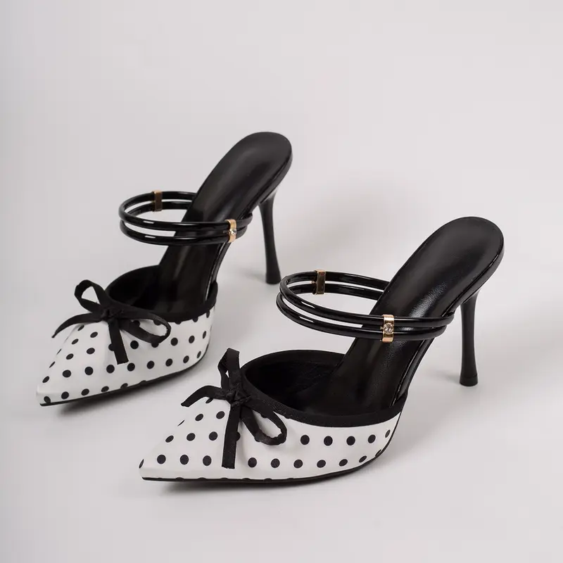 Polka Dot Bowknot Pointed Toe Stiletto Sandals, Elegant PU Leather High Heel Mules, Sexy Party Shoes for Women, Stylish Elegant Sandals