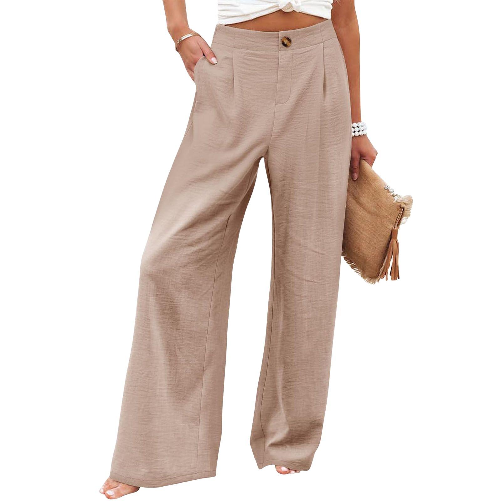 Women's Commuting and Vacation Summer Comfortable High-Waisted Long Pants with Buttons, Elastic Waist, Wide-Leg Casual Straight Pants