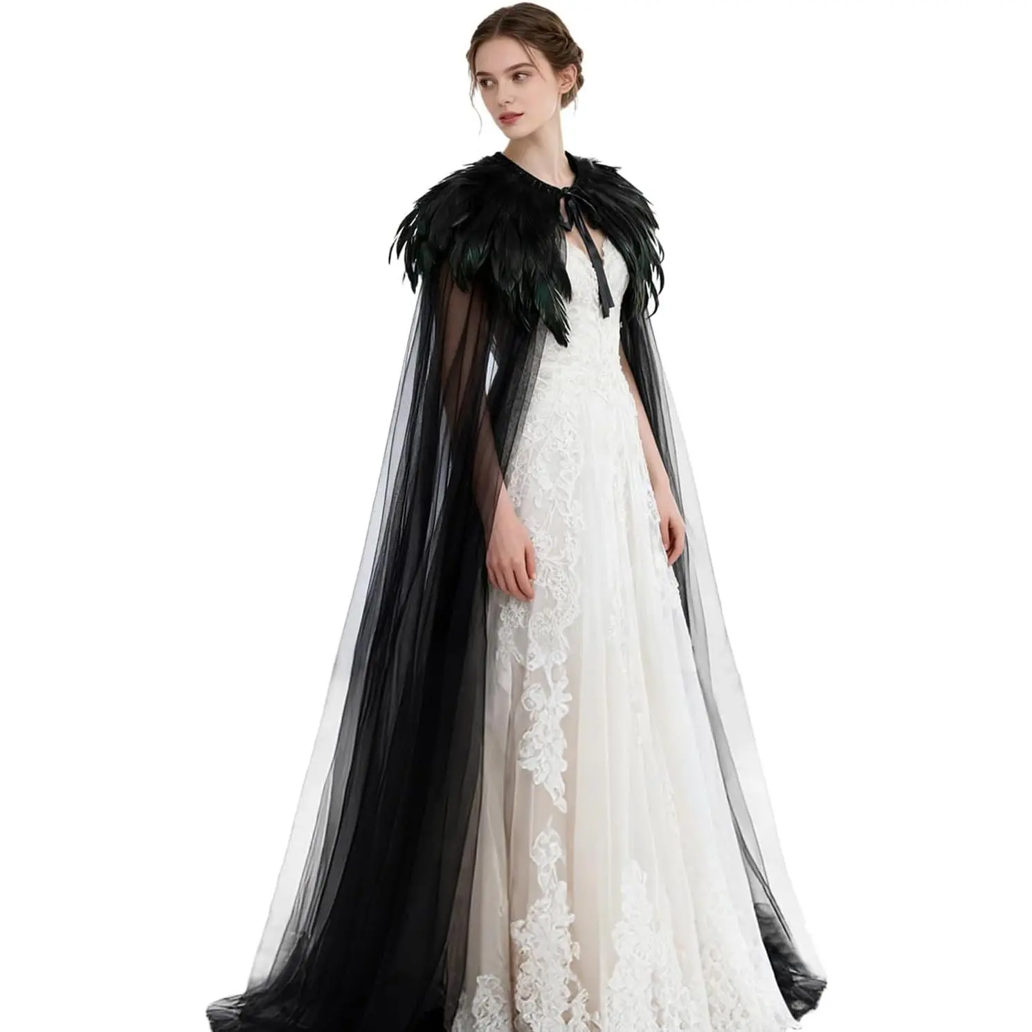 Women's Gothic Feather Cloak Witch Tulle Cape with Feather Collar - Vampire, Fairy, Evil Queen, Raven Cosplay, Fantasy, LARP, Halloween Costume