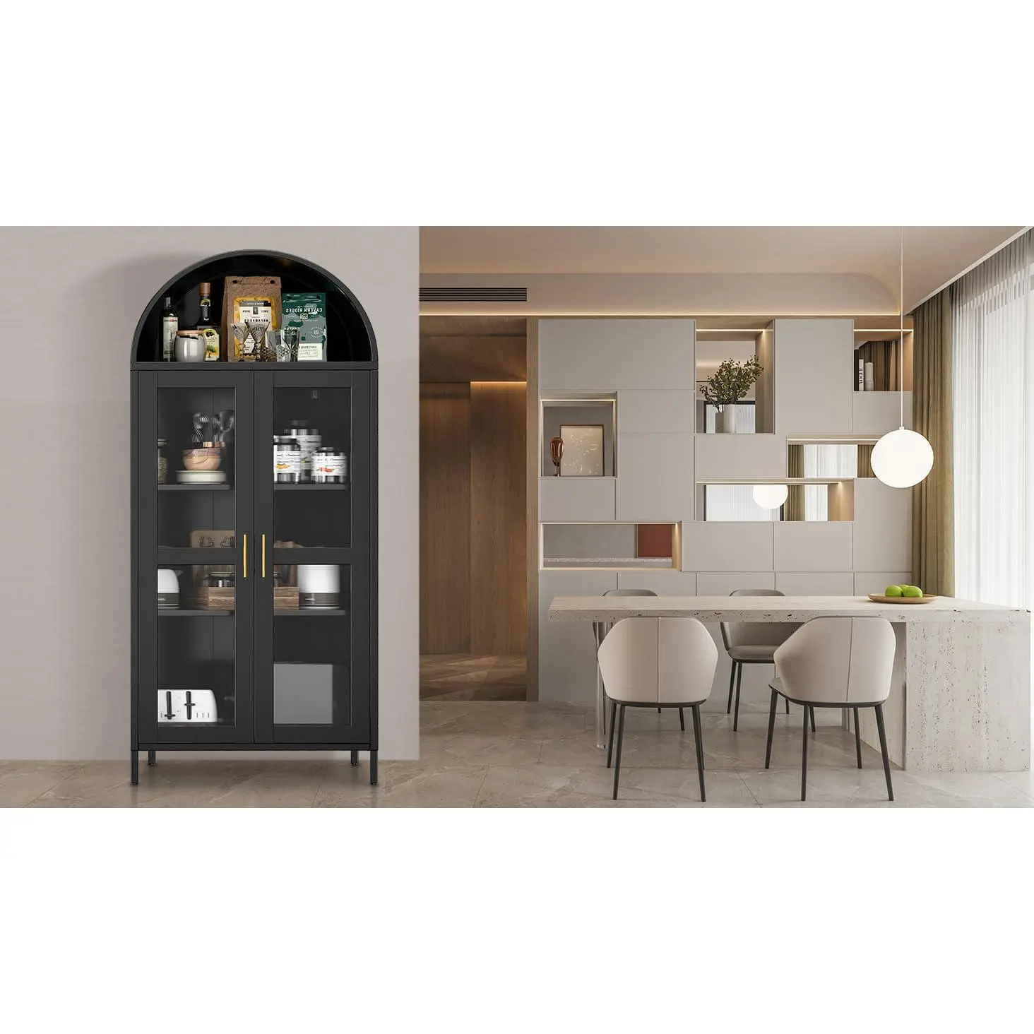Garvee Modern Farmhouse Freestanding Pantry and Display Cabinet – 73" Tall Arched Metal Entryway Storage Cabinet with Glass Doors & Adjustable Shelves for Kitchen, Dining, Living Room