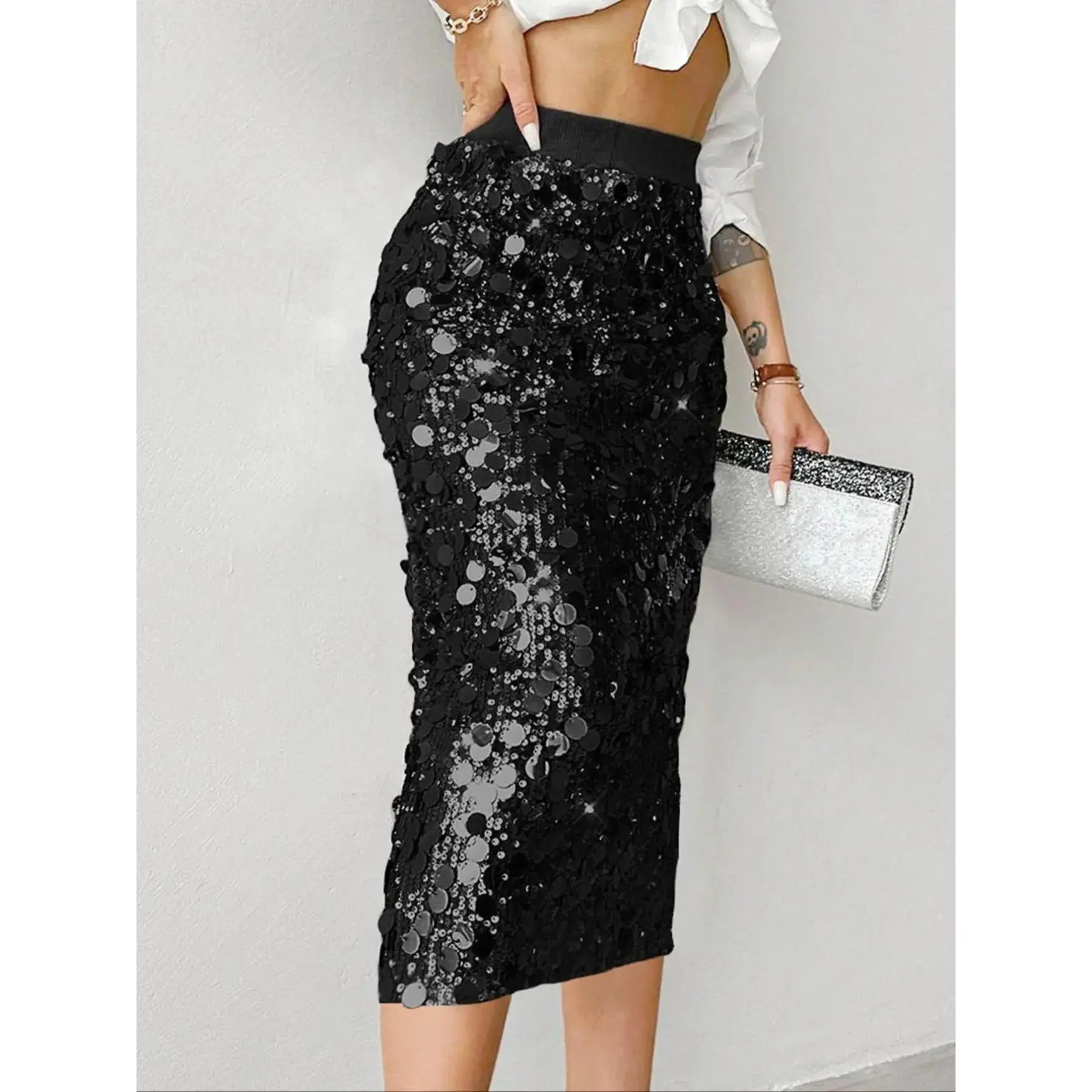 Women's Glitter   Sequins Midi Skirt, Elegant Fashion Skirt for Party Club Dating, Ladies Summer Clothes, Street Fashion Skirt