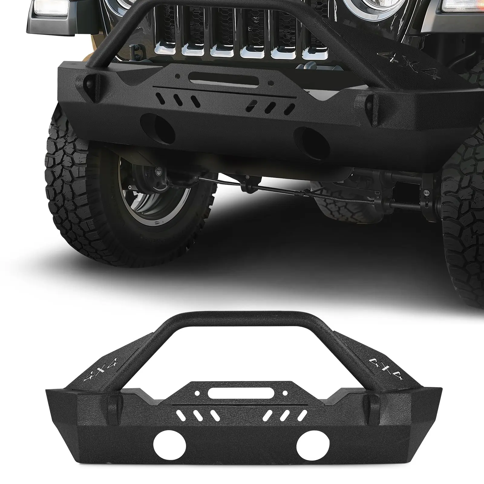 VEVOR Front Bumper Compatible with 2018-2024 Jeep Wrangler JL JLU & Gladiator JT, Heavy-Duty Steel Front Bumper with Winch Plate, D-Ring Mounts & Fog Light Housing, Bull Bar, Direct Install, Pre-Drilled Holes
