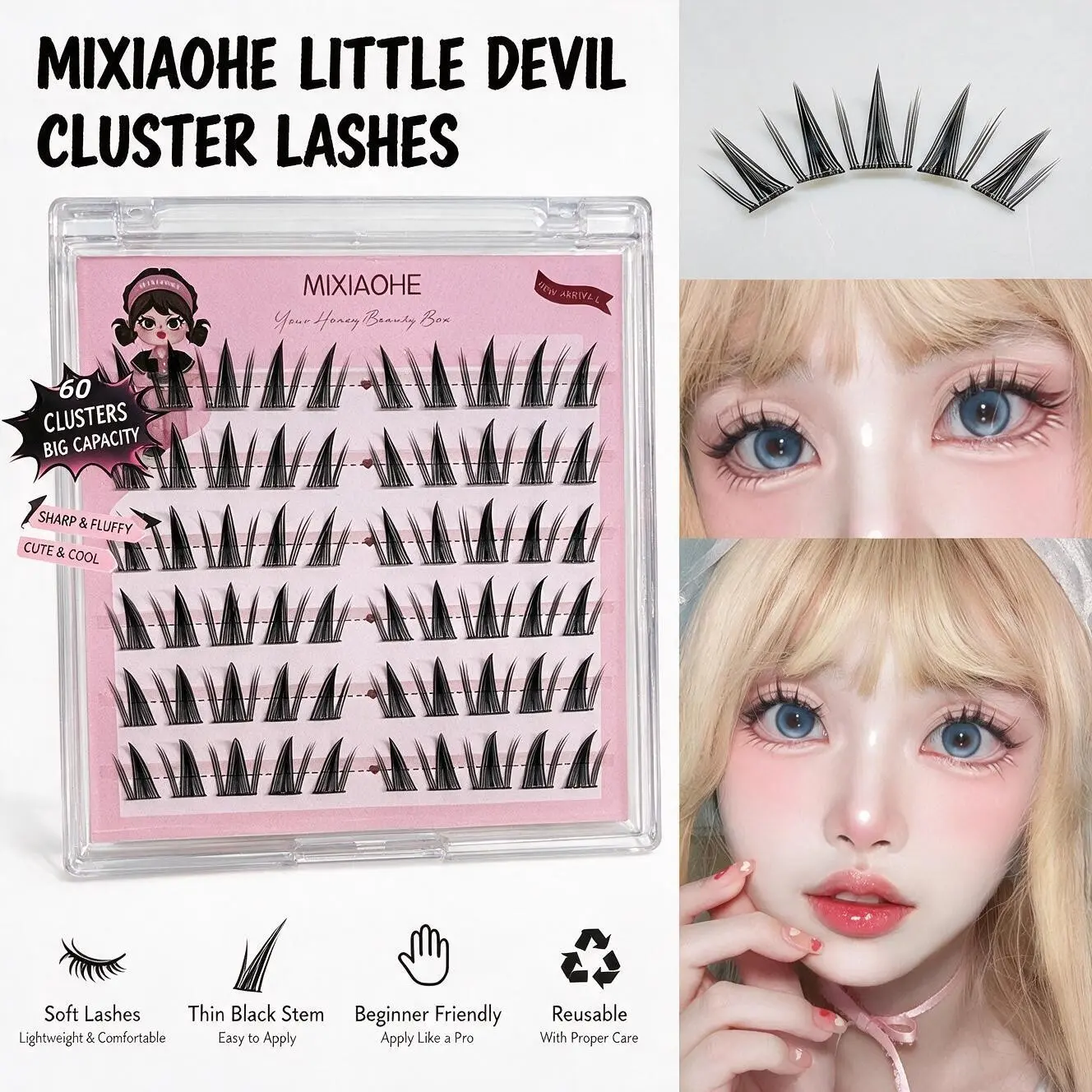 No Glue Self Adhesive Spiky Spider Anime Lash Clusters 60 Pcs Reusable Little Devil Segmented False Eyelashes, Beginner DIY Manga Eye Lashes for Cosplay Halloween Christmas Holiday Party Spike Lash Clusters
