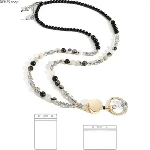 Crystal ID Badge Lanyard Keychain for Women, Natural Stone Beaded Retractable Holder with Rope Reel, Stylish Accessory for Work and Daily Use