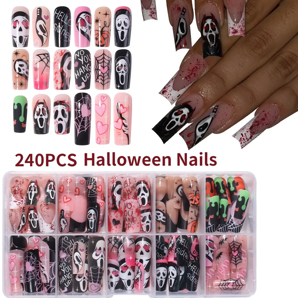 Halloween Press-On Nails Set, 240 Pieces, Medium Square, Ghost, Mummy, Blood Drop, Bat, Spider Web, Pumpkin Design, French Tip, Women & Girls, Decorative Nails, Nail Art Supplies