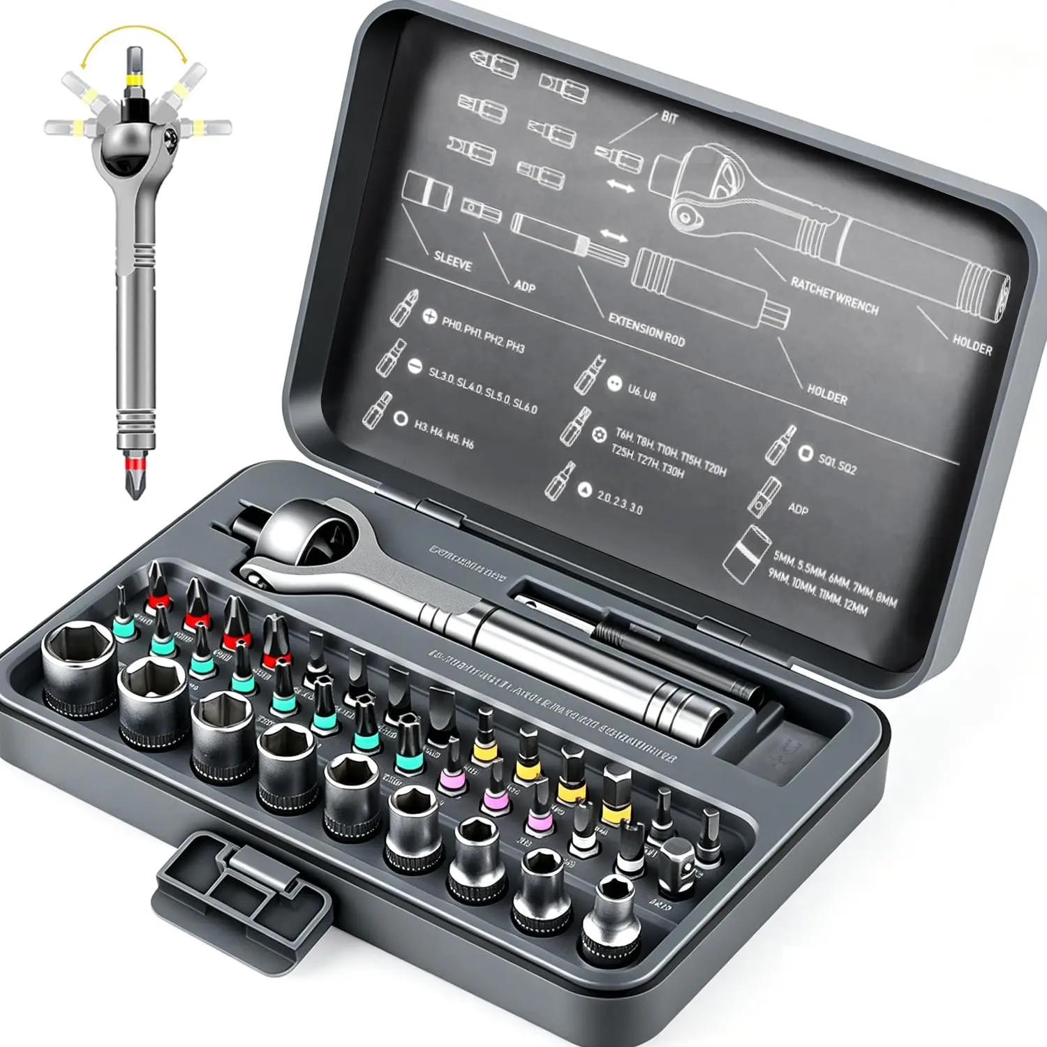 40 in 1 Ratchet  Set, 60-  Ratcheting  Set with 180° Rotating Ratchet  for DIY Project,  Repair & Furniture
