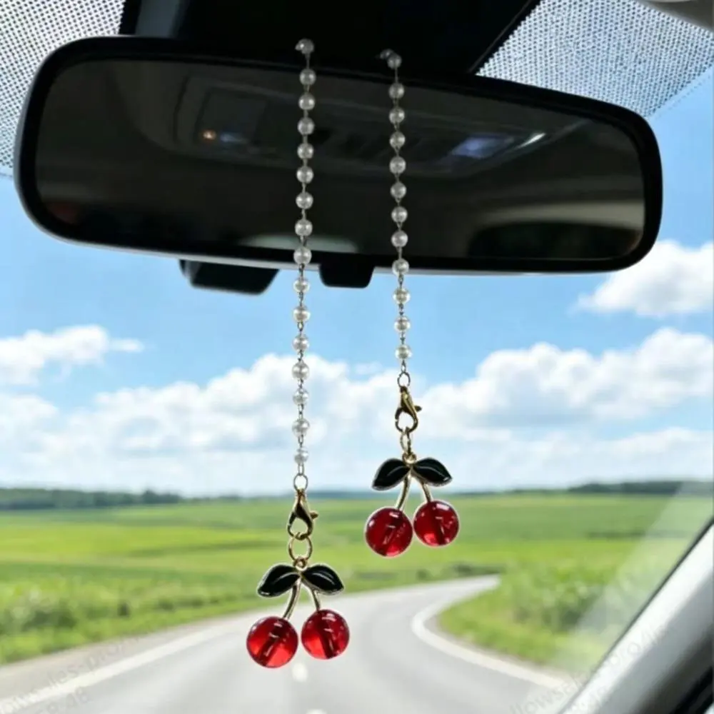 Vintage Aesthetic Cherry Car Hanging Charm 48cm, Sweet Cute Rearview‑Mirror Ornament, Trendy All‑Match Car Interior Accessory