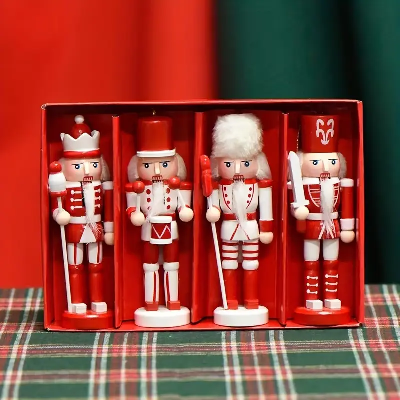 4-Piece Christmas Nutcracker Set, Wooden Candy Soldier Decor, Handmade Wood Ornament, Holiday Gift for Mother's Day, Christmas, New Year, Halloween